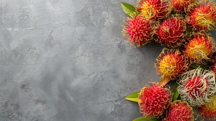 Sticker - Vibrant red and yellow rambutan fruit on gray background with space for text