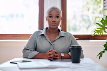 Fototapete - Black woman, portrait and worker for serious strategy, confidence and social media manager. Female person, professional and paper for report on agency productivity, feedback and online marketing