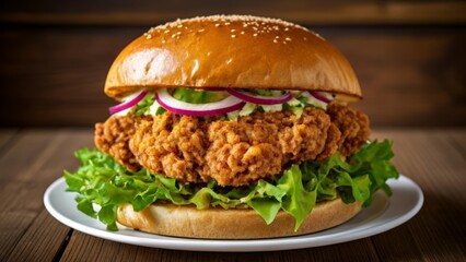 Wall Mural -  Deliciously indulgent fried chicken burger ready to be savored