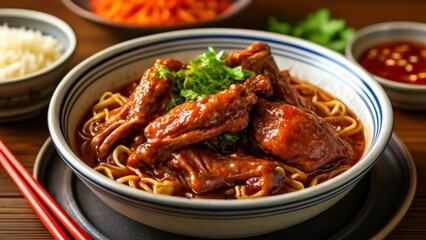 Canvas Print -  Delicious Asian noodle dish with meat and vegetables