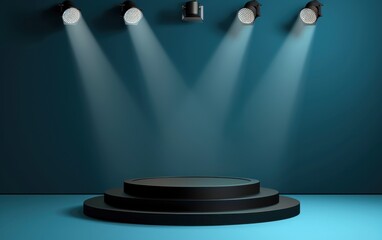 Wall Mural - elegant podium with spotlight on blue background generative ai