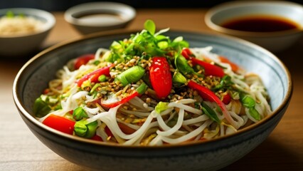 Wall Mural -  Delicious Asian noodle dish with vegetables and sauce