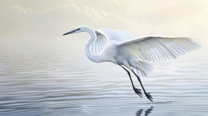 Gracefully gliding across the water, a majestic white bird with a long neck and legs embodies the tranquility and beauty of nature