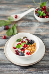 Wall Mural - Cherry and blueberry granola with yogurt. Healthy food, diet breakfast.