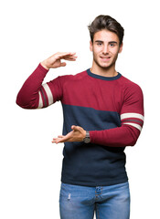 Sticker - Young handsome man over isolated background gesturing with hands showing big and large size sign, measure symbol. Smiling looking at the camera. Measuring concept.