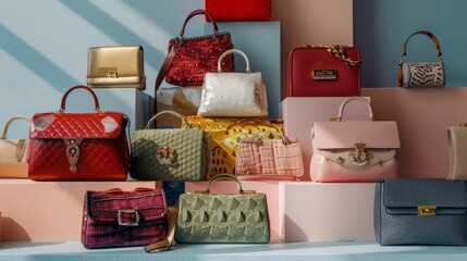 Wall Mural - An assortment of chic handbags and clutches in various colors and styles, displayed on a fashion runway backdrop. The scene exudes high-end fashion appeal. 