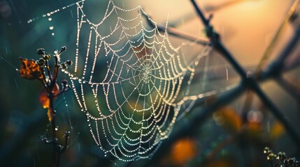 Macro shot of a spiderweb with dew. 