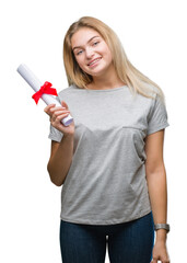 Poster - Young caucasian woman holding degree over isolated background with a happy face standing and smiling with a confident smile showing teeth