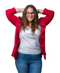 Wall Mural - Beautiful plus size young business woman wearing elegant jacket and glasses over isolated background Relaxing and stretching with arms and hands behind head and neck, smiling happy