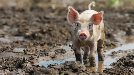 Wall Mural - A pig is standing in a muddy field