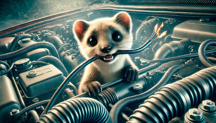 Wall Mural -  Young marten in the engine compartment