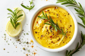 Poster - White background with honey mustard sauce in a bowl which is delicious