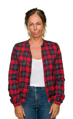 Wall Mural - middle age adult woman wearing casual jacket over isolated background skeptic and nervous, frowning 