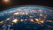 © Emiliia - A breathtaking view of Earth at night, showcasing city lights illuminated by the glow of miniature satellites orbiting overhead.