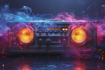 Wall Mural - A minimalist image of a boombox with its speakers emitting colorful, surreal waves, against a solid black backdrop,