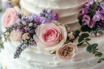 Sticker - White wedding cake with flowers on top displayed on cake shelf and adorned with pink and purple flowers