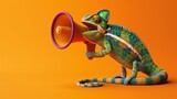 Creative announcement concept. A vibrant chameleon appears to be shouting into a megaphone against a solid orange background, showcasing a playful mix of wildlife