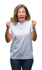 Canvas Print - Middle age senior hispanic woman over isolated background celebrating surprised and amazed for success with arms raised and open eyes. Winner concept.