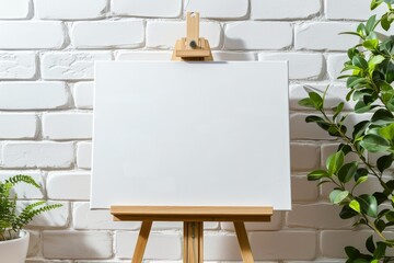 Sticker - Wooden easel and blank canvas indoors by a white brick wall