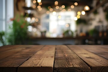 Wall Mural - Wooden table with blurred kitchen bench interior image