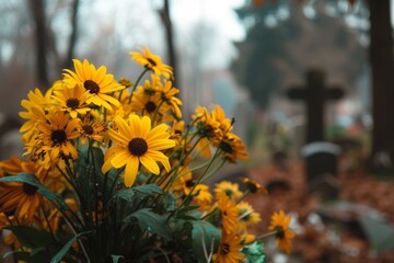 Poster - Yellow flowers at a cemetery following a funeral