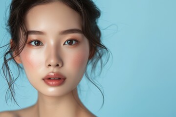 Wall Mural - Young Asian woman with Korean makeup style and flawless skin pulling back her hair on a blue background Emphasizing facial care beauty treatments and cosmetic enh