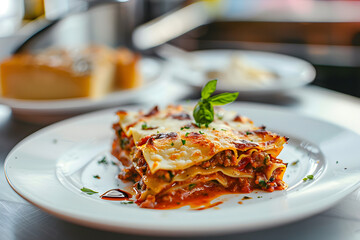 Canvas Print - Piece of lasagna on white plate