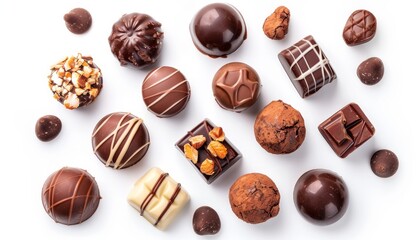 Wall Mural - Chocolate pralines on white background seen from top