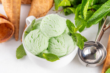 Wall Mural - Green mint or melissa homemade ice cream, refreshing sweet sorbet dessert in serving bowl, with waffle ice cream cones on white background