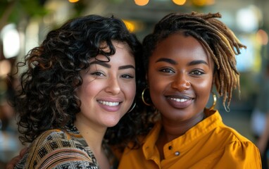 Wall Mural - Two women, one with curly black hair and the other with dreadlocks, smile warmly at the camera while standing together in an urban setting