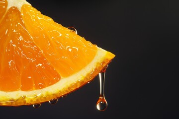 Wall Mural - Detailed close-up of an orange slice with droplets of juice, emphasizing its freshness and vibrant orange color.
