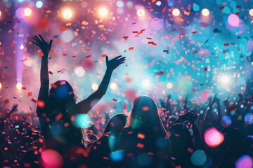 Wall Mural - Nightclub event with silhouetted crowd stage lights and confetti