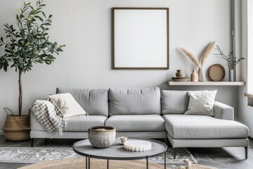 Wall Mural - Sophisticated living room design with corner sofa coffee table and neutral colors Poster frame mockup included Template