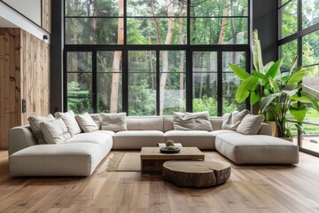 Canvas Print - Spacious and stylish living room with corner sofa wood floors and large windows