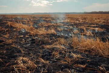 Poster - Grassy meadow with black ash aftermath of wildfire environmental issue harming insects and agriculture