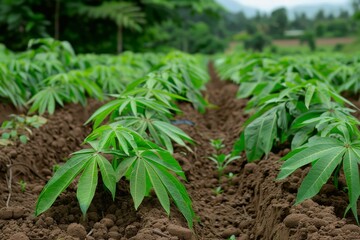 Canvas Print - Growing organic cassava in a rural farm Rows of green leaves and brown soil