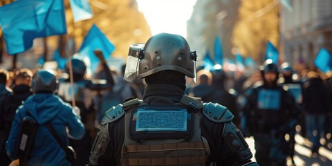 This image depicts an armored police officer overseeing a crowd of protesters waving blue flags, capturing a moment of law enforcement and civil demonstration in a busy street setting.