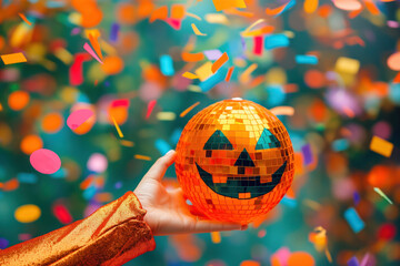 Wall Mural - person showcasing a shimmering jack o lantern disco ball amidst party confetti