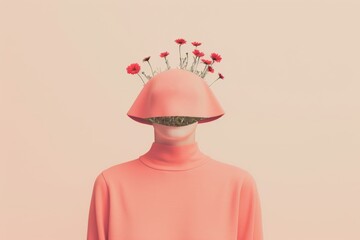 A person in a pink outfit with a hat, from which red flowers grow. The person's face is hidden by the hat. The background is a light beige color.