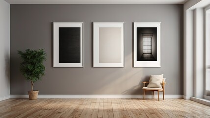 Three Vertical Empty frame with wall design, for display Mockup