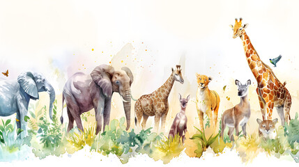 Wall Mural - watercolor illustration of safari animal banner background