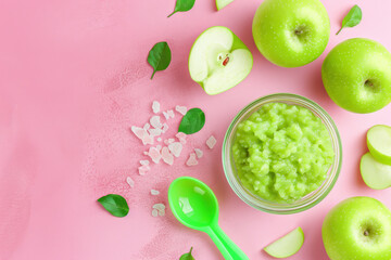 homemade green apple baby food porridge served with fresh apple slices on a pink background