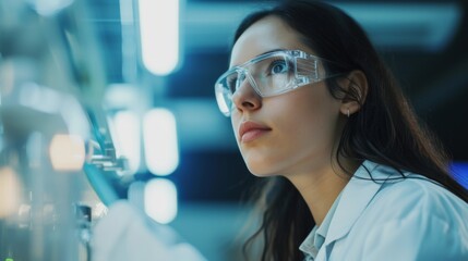 Wall Mural - a female researcher wearing a lab coat and safety glasses