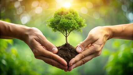 nurturing nature. two hands cradling a small tree with soil, symbolizing growth, environmental stewa