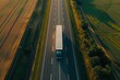 © LimeSky - Bird s eye view of pickup truck with trailer on country highway drone perspective directly overhead
