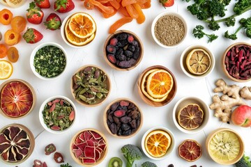 Sticker - Bird s eye view of various dried fruits and vegetables with fresh produce on white background