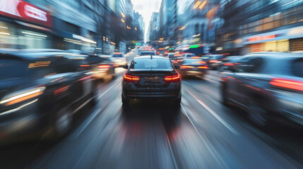 A black sedan drives swiftly through a bustling city street, its headlights piercing through the twilight. Surrounding vehicles blur as the driver navigates the busy thoroughfare