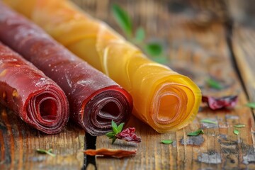 Wall Mural - Close up of tasty fruit rolls on wooden table