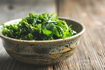 Canvas Print - Closeup of appetizing seaweed salad in bowl on wooden table