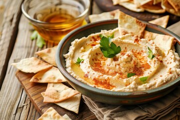 Wall Mural - Closeup of tasty hummus and pita chips on wooden surface